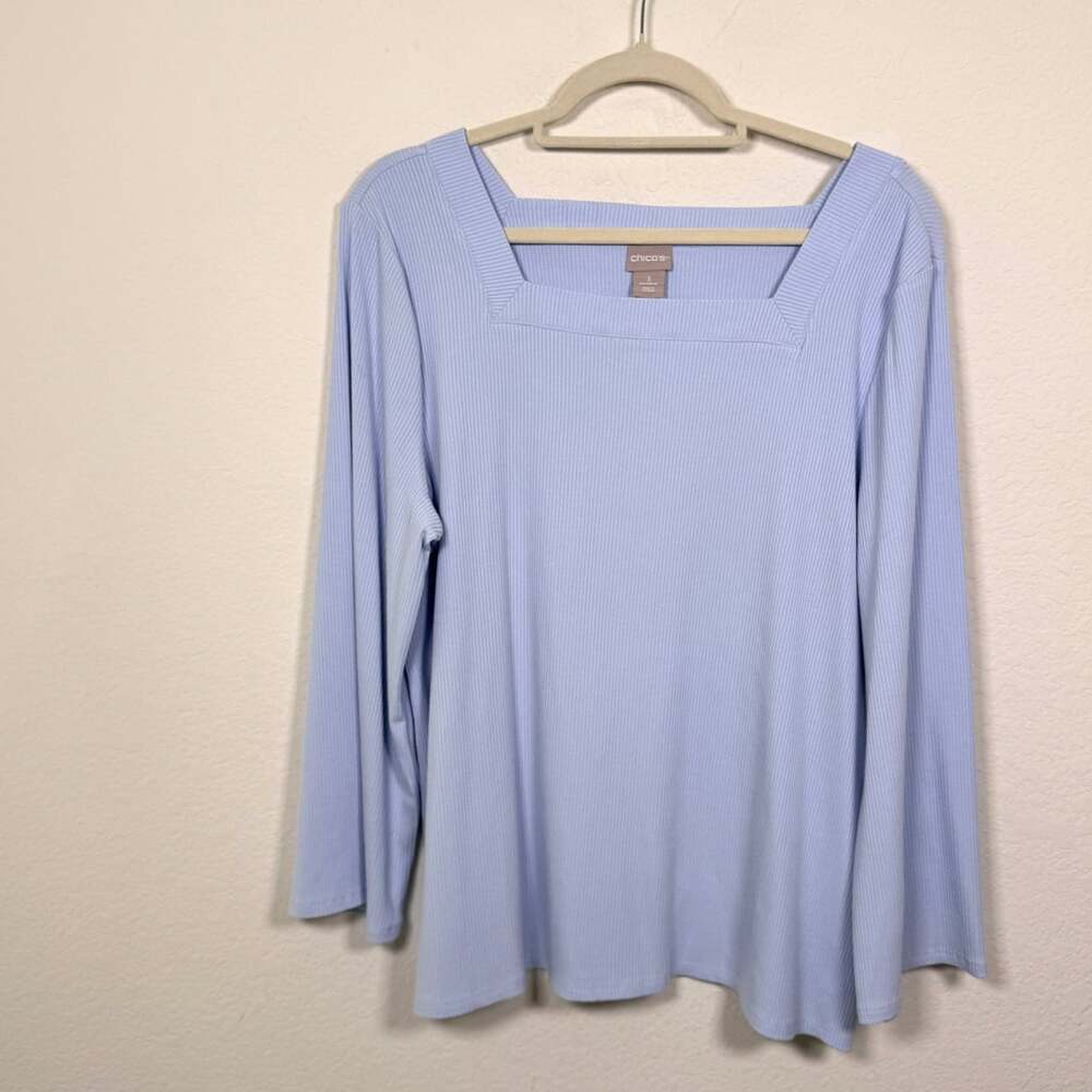 Chico's Womens Ribbed Knit Top Size XL Long Sleeve Stretch Classic Calm Blue